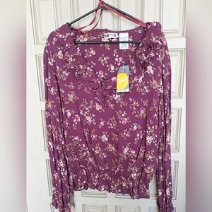 Plus Sz16/18 New Tags Faded Glory Blouse BOHO Maroon Floral Ruffle Scoop Neck